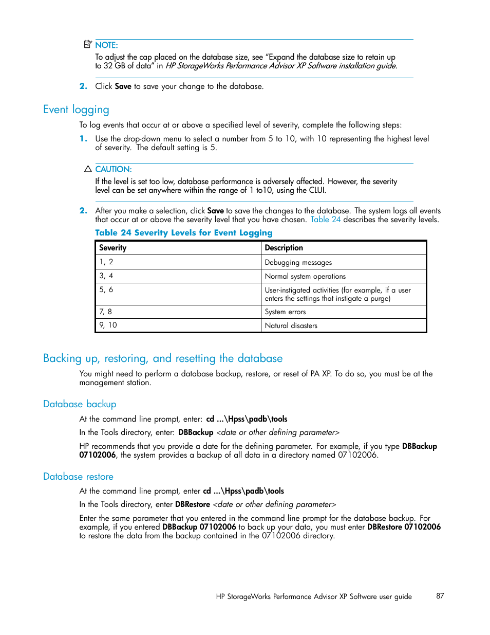 Event logging, Backing up, restoring, and resetting the database, Database backup | Database restore, Severity levels for event logging | HP XP Performance Advisor Software User Manual | Page 87 / 165