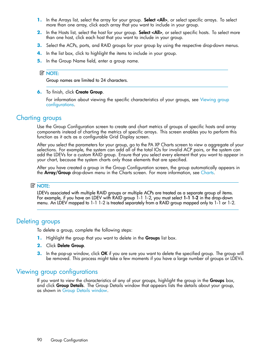 Charting groups, Deleting groups, Viewing group configurations | HP XP Performance Advisor Software User Manual | Page 90 / 165
