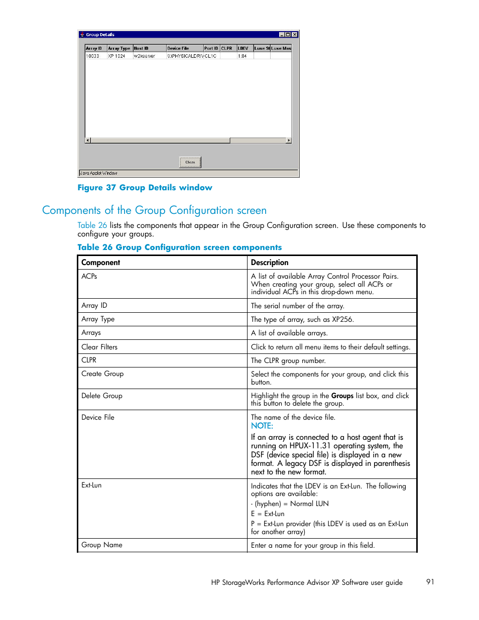 Components of the group configuration screen, Group details window, Group configuration screen components | HP XP Performance Advisor Software User Manual | Page 91 / 165