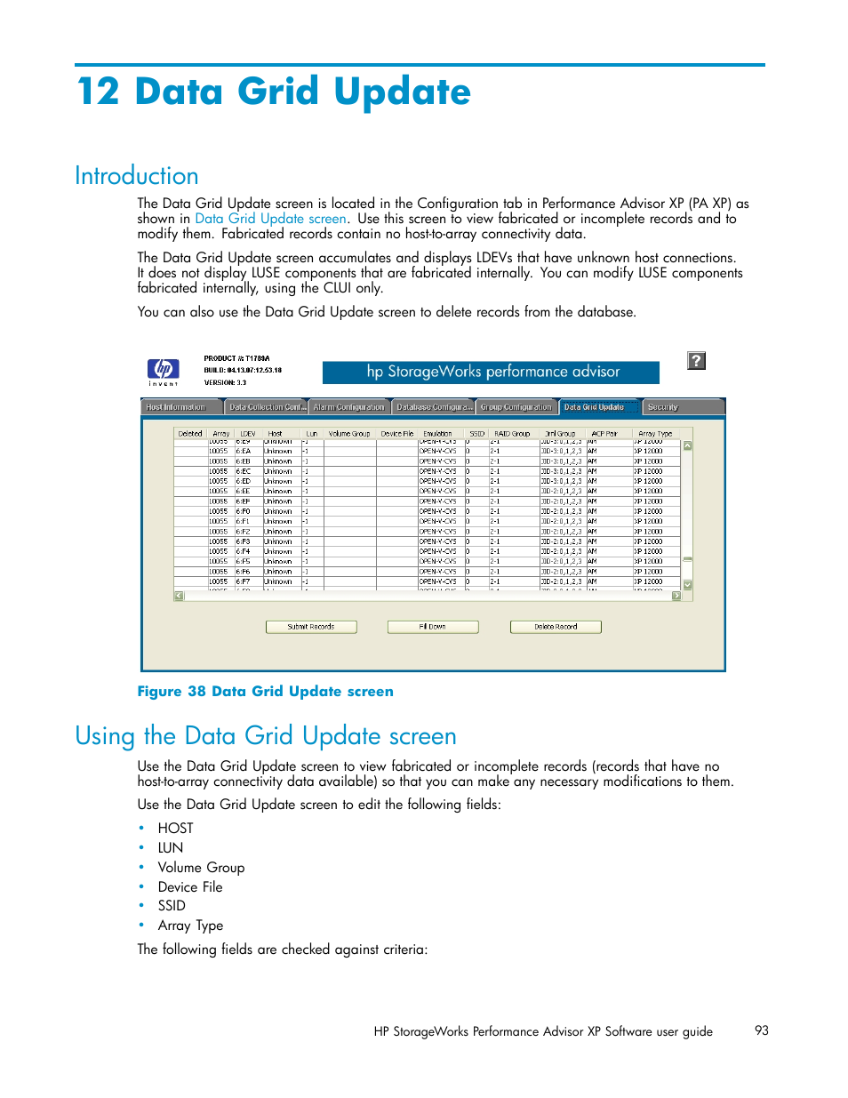 12 data grid update, Introduction, Using the data grid update screen | Data grid update screen | HP XP Performance Advisor Software User Manual | Page 93 / 165
