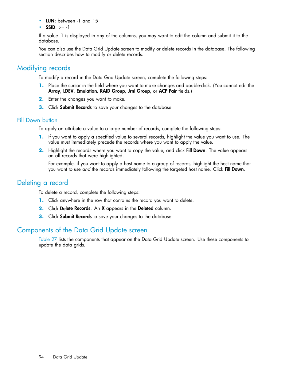 Modifying records, Fill down button, Deleting a record | Components of the data grid update screen | HP XP Performance Advisor Software User Manual | Page 94 / 165