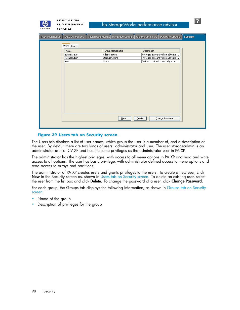 Users tab on security screen | HP XP Performance Advisor Software User Manual | Page 98 / 165
