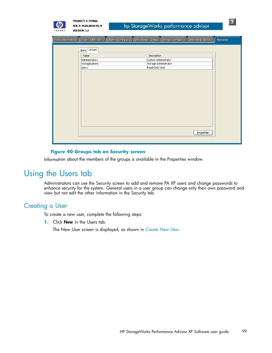 Using the users tab, Creating a user, Groups tab on security screen | HP XP Performance Advisor Software User Manual | Page 99 / 165