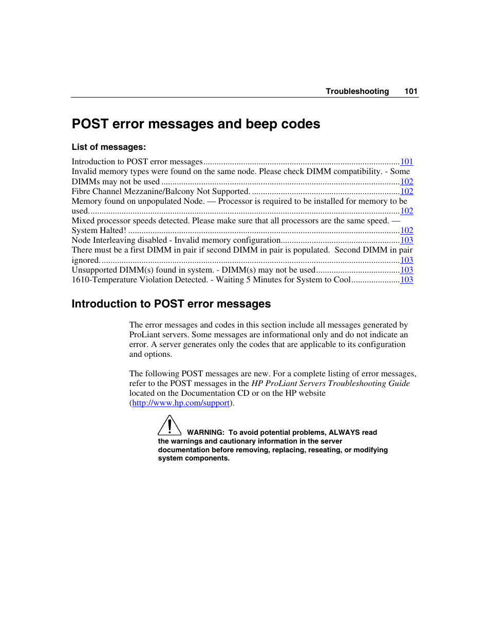 Post error messages and beep codes, Introduction to post error messages, In the | HP ProLiant BL45p Server series User Manual | Page 101 / 128
