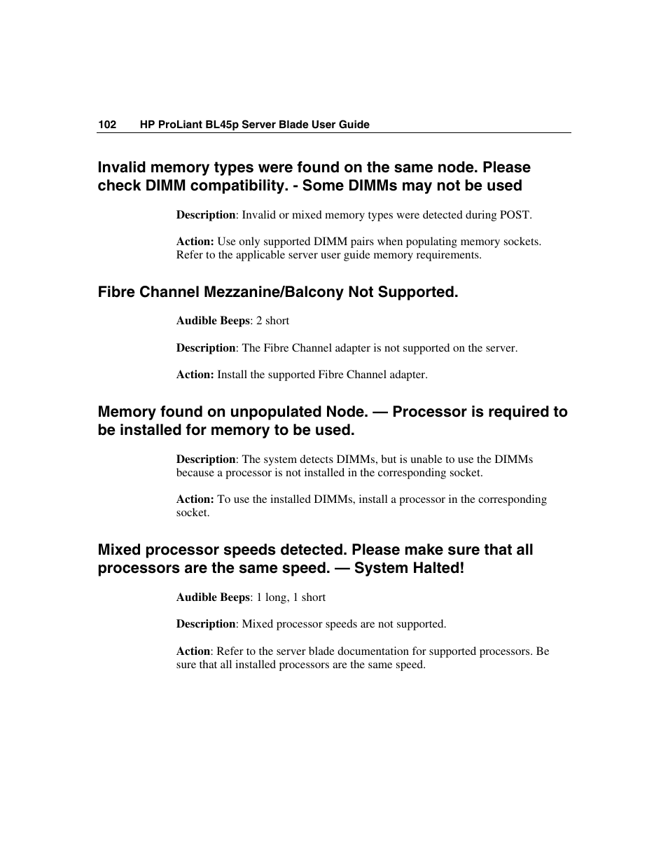 Fibre channel mezzanine/balcony not supported | HP ProLiant BL45p Server series User Manual | Page 102 / 128