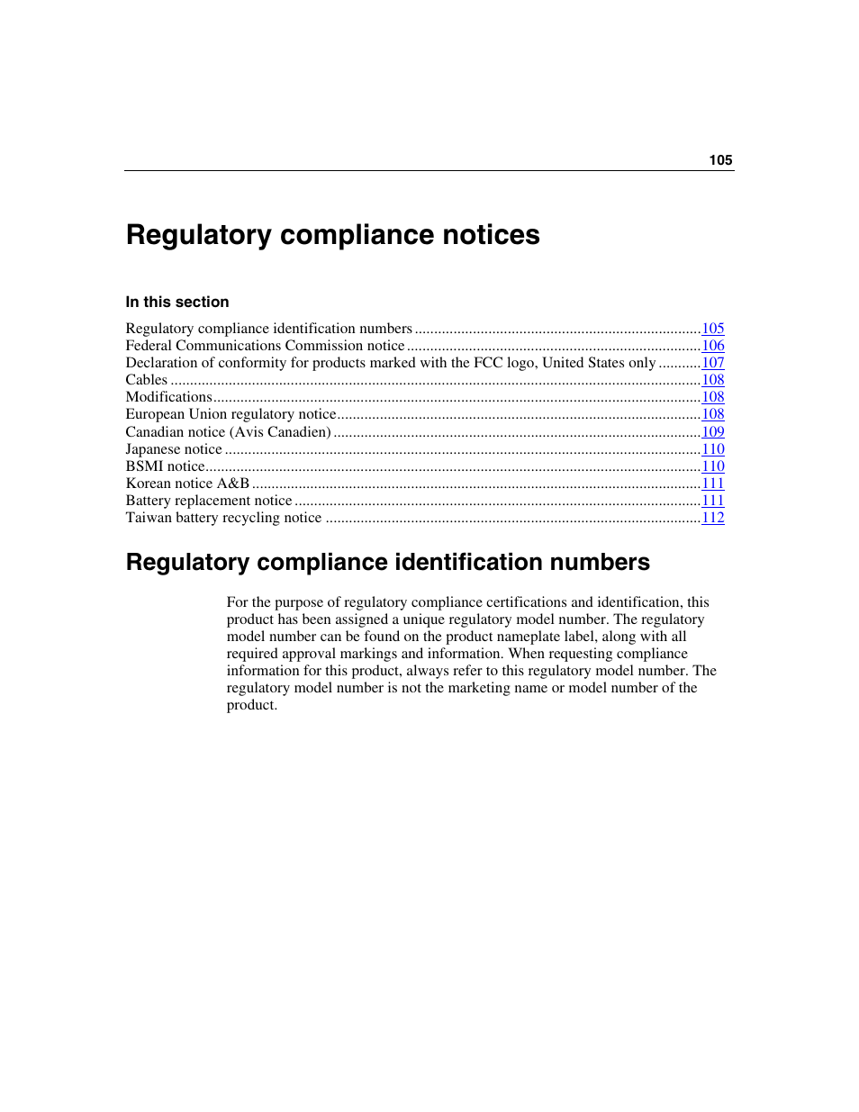 Regulatory compliance notices, Regulatory compliance identification numbers | HP ProLiant BL45p Server series User Manual | Page 105 / 128