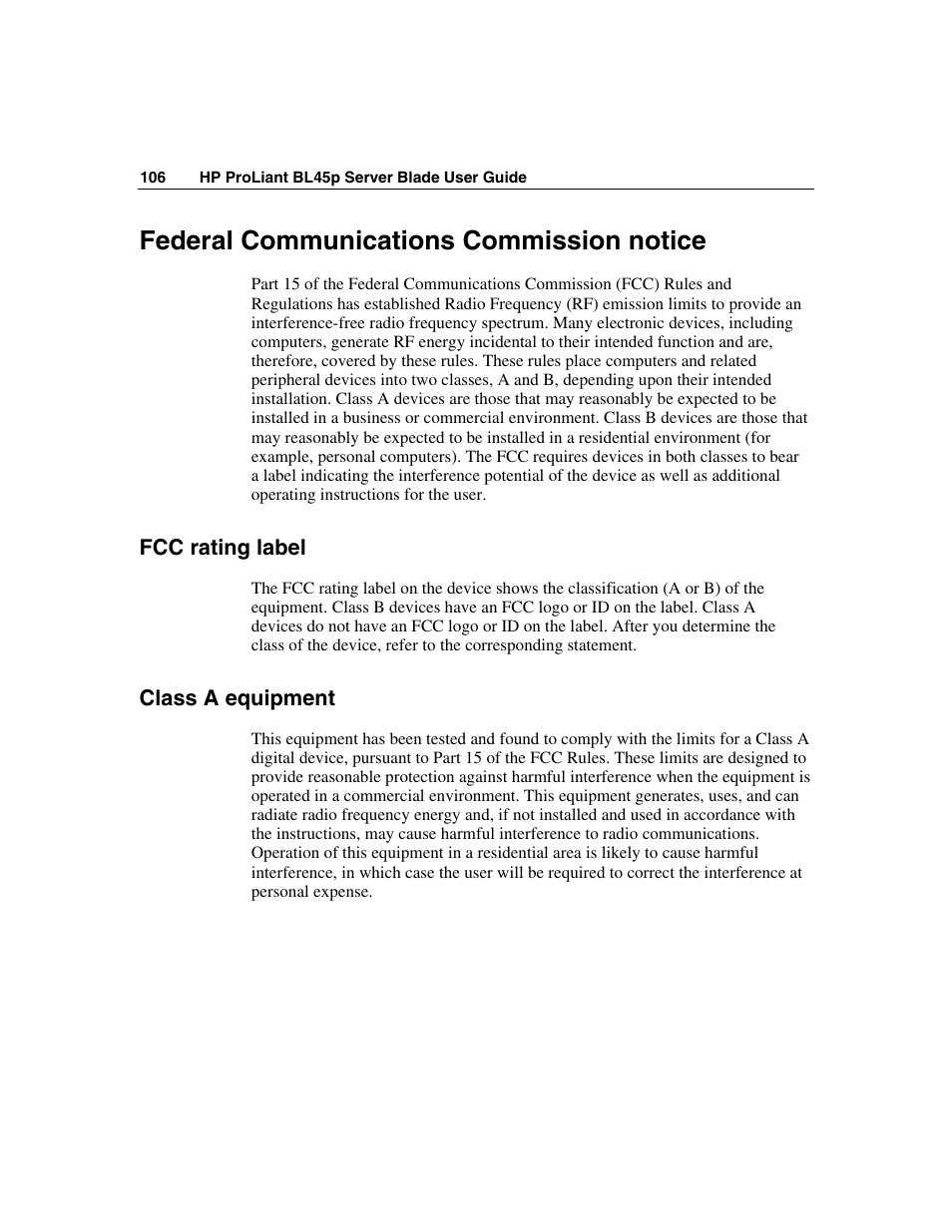 Federal communications commission notice, Fcc rating label, Class a equipment | HP ProLiant BL45p Server series User Manual | Page 106 / 128