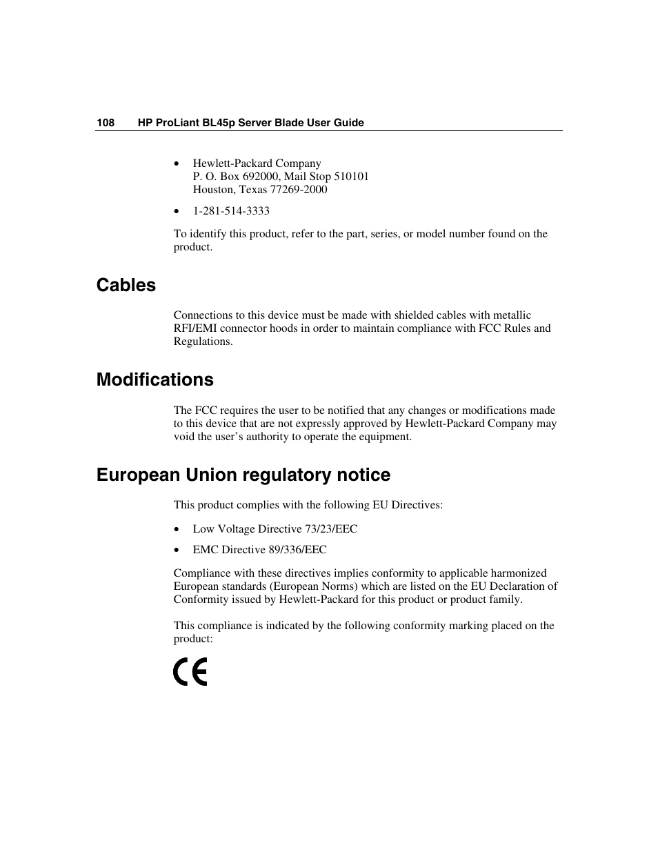 Cables, Modifications, European union regulatory notice | HP ProLiant BL45p Server series User Manual | Page 108 / 128