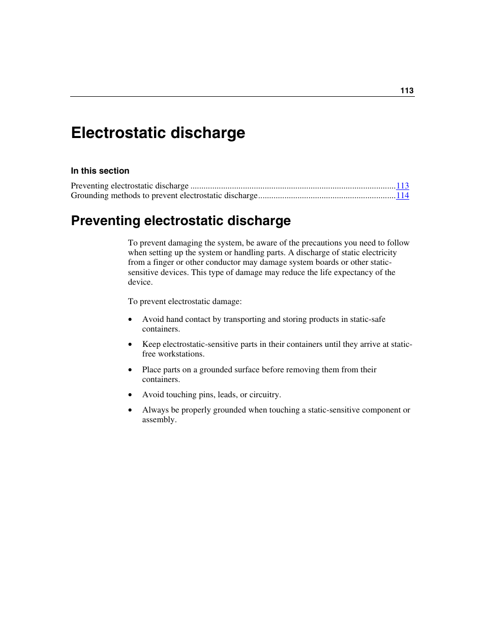 Electrostatic discharge, Preventing electrostatic discharge | HP ProLiant BL45p Server series User Manual | Page 113 / 128