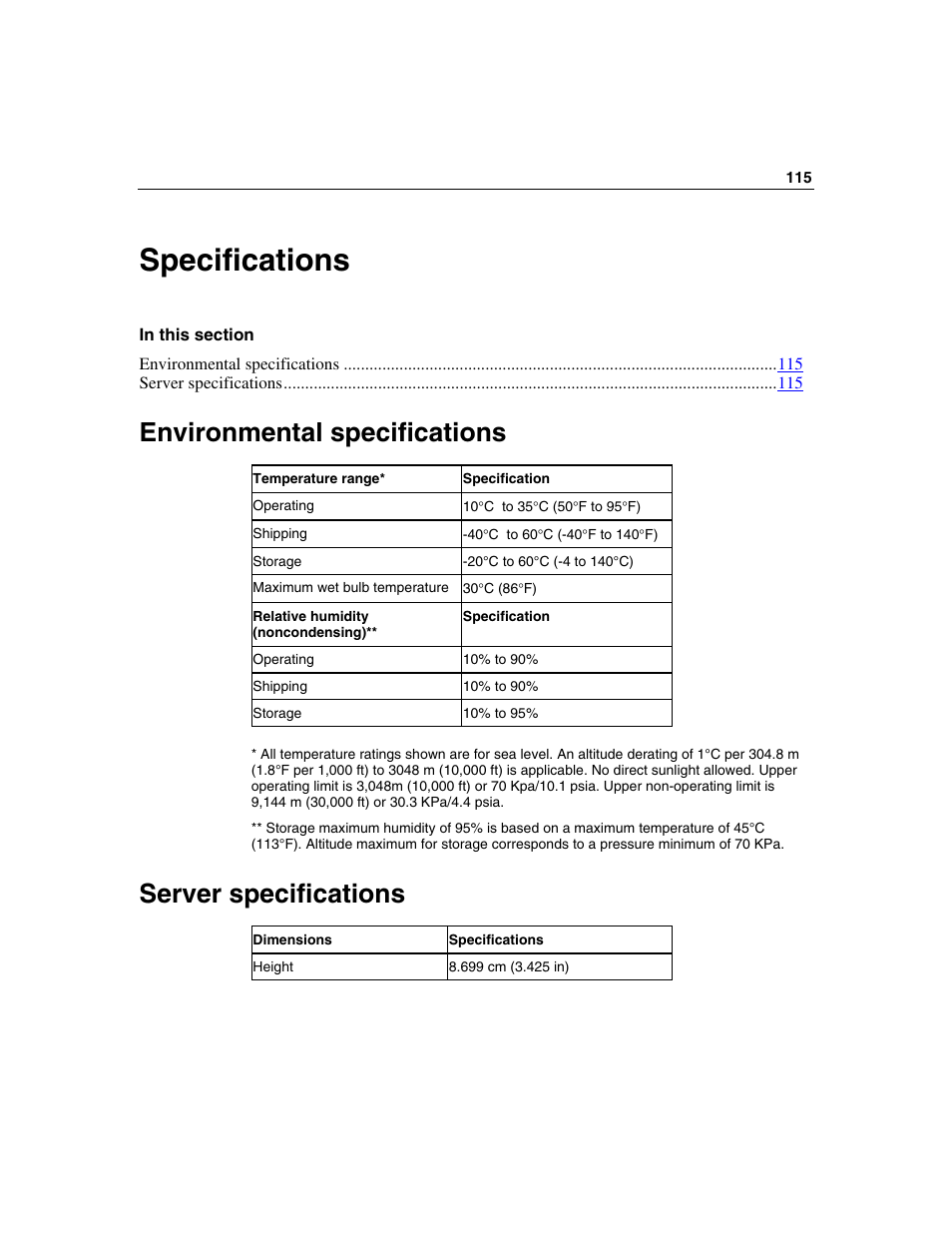 Specifications, Environmental specifications, Server specifications | Specifications 115 | HP ProLiant BL45p Server series User Manual | Page 115 / 128
