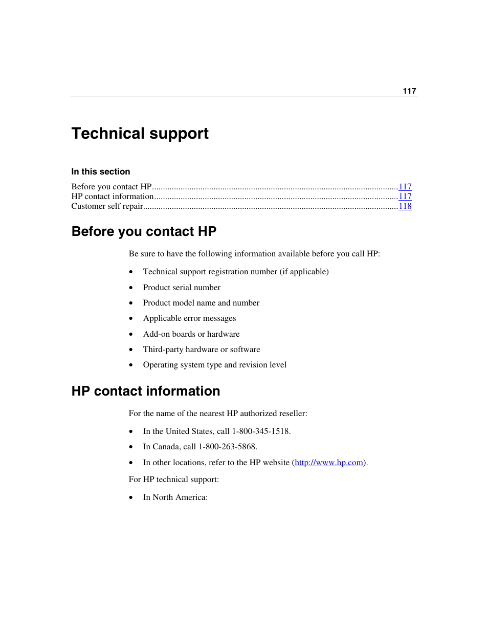 Technical support, Before you contact hp, Hp contact information | HP ProLiant BL45p Server series User Manual | Page 117 / 128