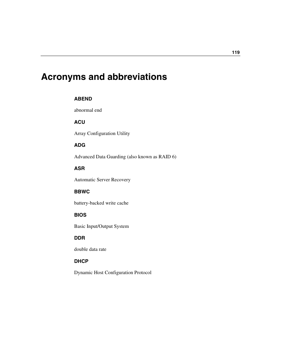 Acronyms and abbreviations | HP ProLiant BL45p Server series User Manual | Page 119 / 128
