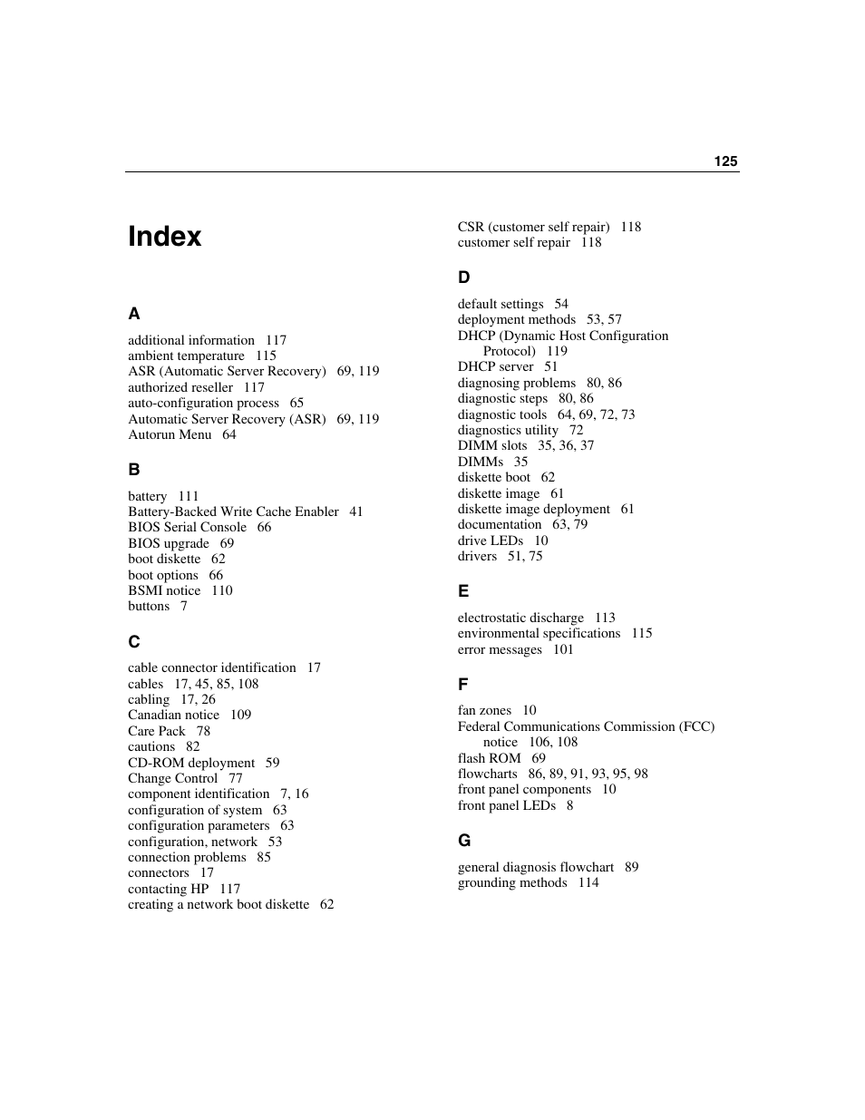 Index, Index 125 | HP ProLiant BL45p Server series User Manual | Page 125 / 128
