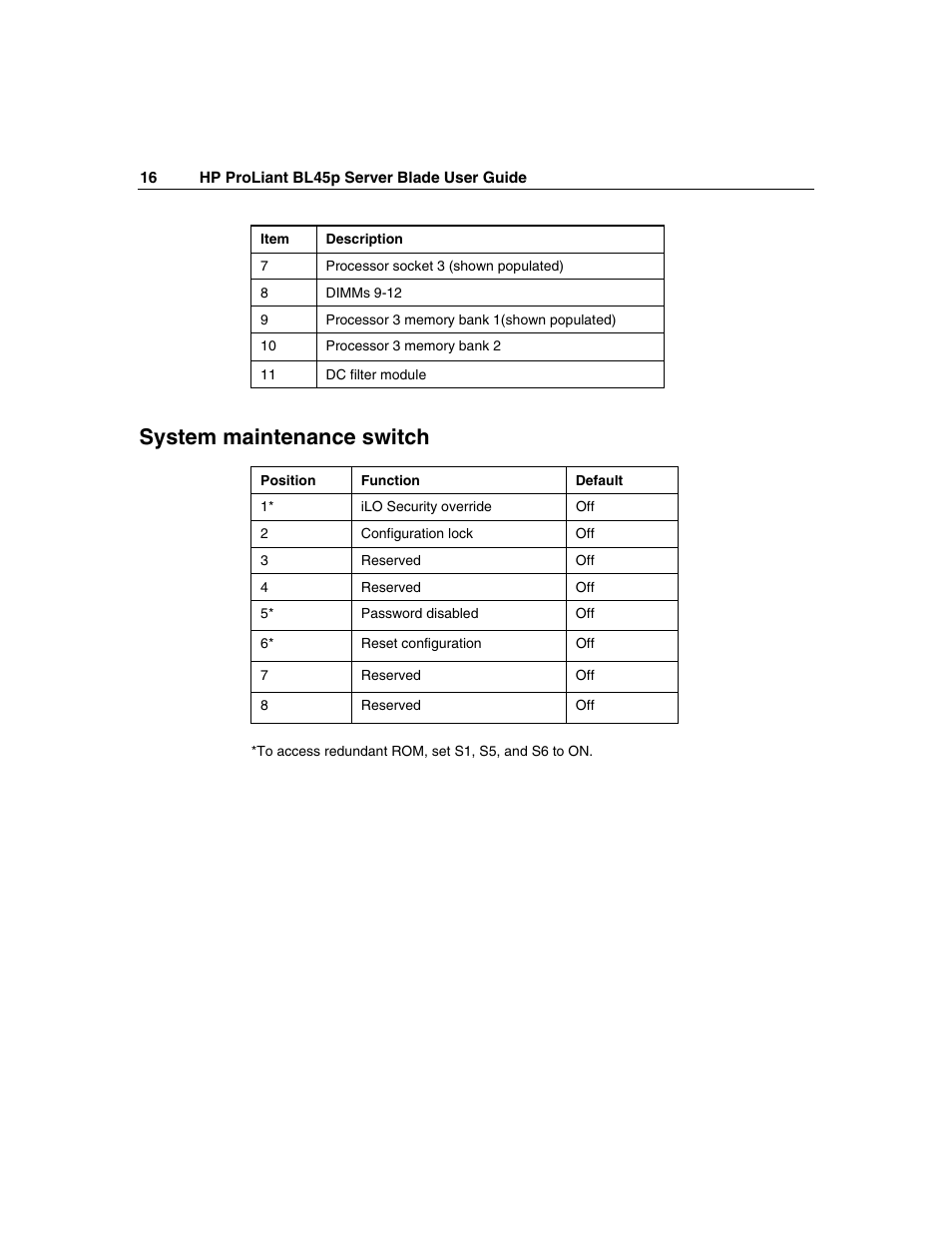 System maintenance switch | HP ProLiant BL45p Server series User Manual | Page 16 / 128