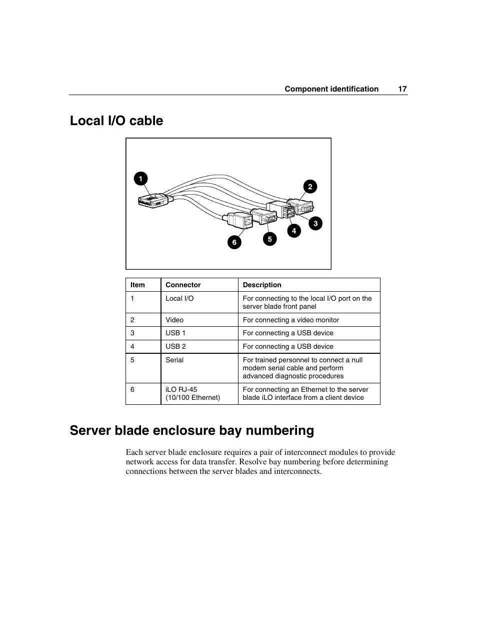 Local i/o cable, Server blade enclosure bay numbering | HP ProLiant BL45p Server series User Manual | Page 17 / 128