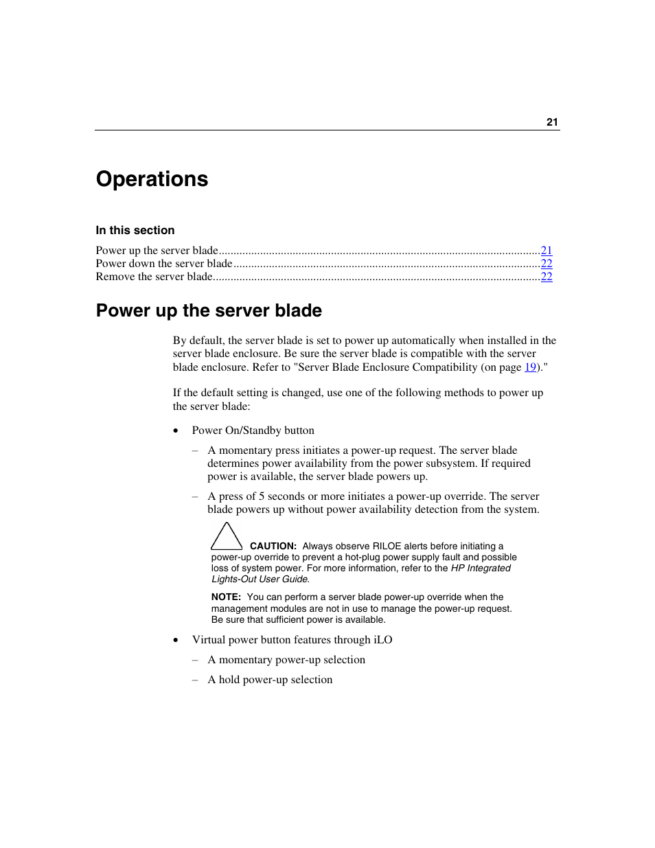 Operations, Power up the server blade, Operations 21 | HP ProLiant BL45p Server series User Manual | Page 21 / 128