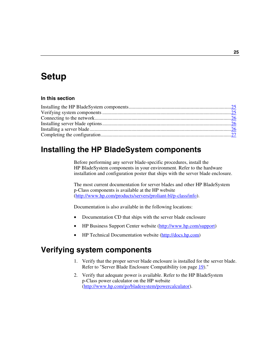 Setup, Installing the hp bladesystem components, Verifying system components | Setup 25 | HP ProLiant BL45p Server series User Manual | Page 25 / 128