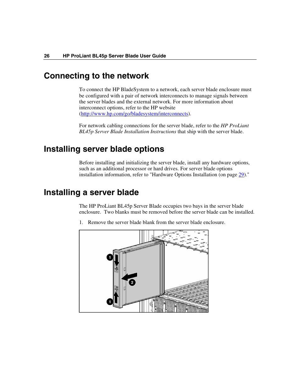 Connecting to the network, Installing server blade options, Installing a server blade | HP ProLiant BL45p Server series User Manual | Page 26 / 128