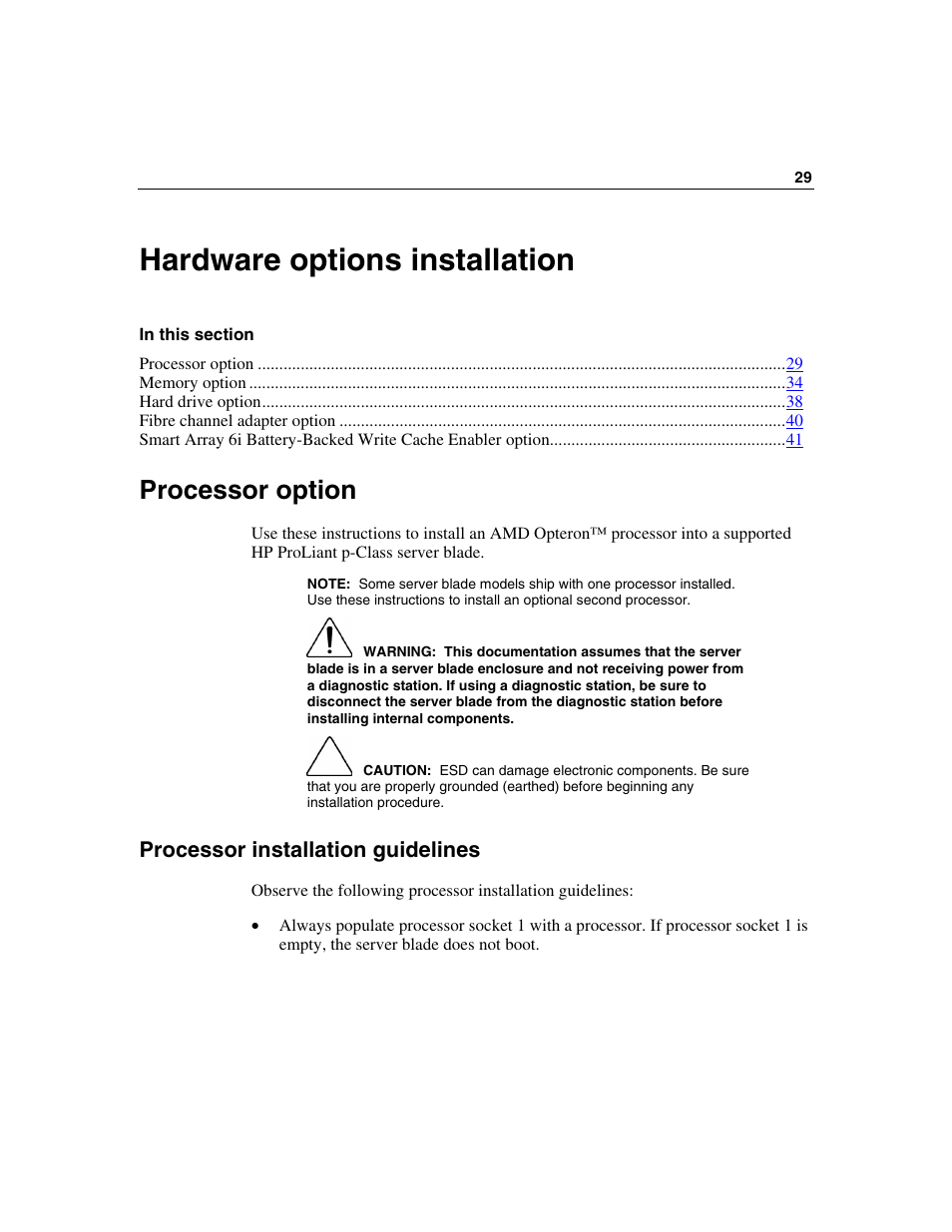 Hardware options installation, Processor option, Processor installation guidelines | HP ProLiant BL45p Server series User Manual | Page 29 / 128