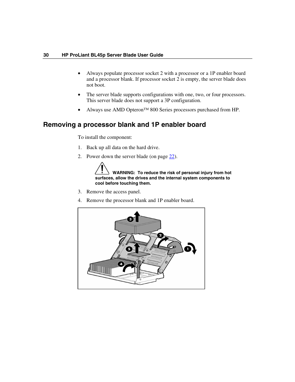 Removing a processor blank and 1p enabler board | HP ProLiant BL45p Server series User Manual | Page 30 / 128