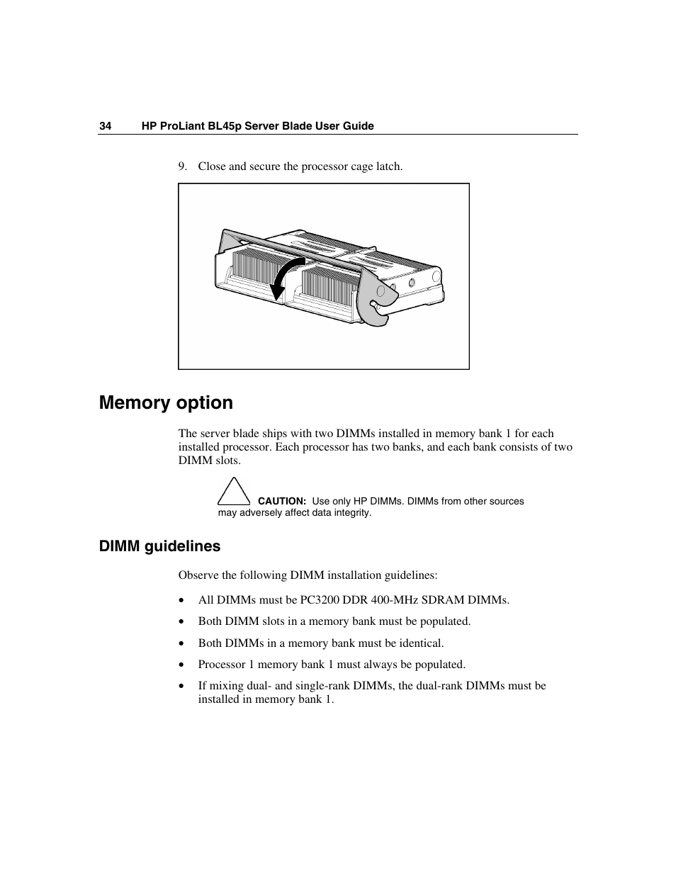 Memory option, Dimm guidelines | HP ProLiant BL45p Server series User Manual | Page 34 / 128