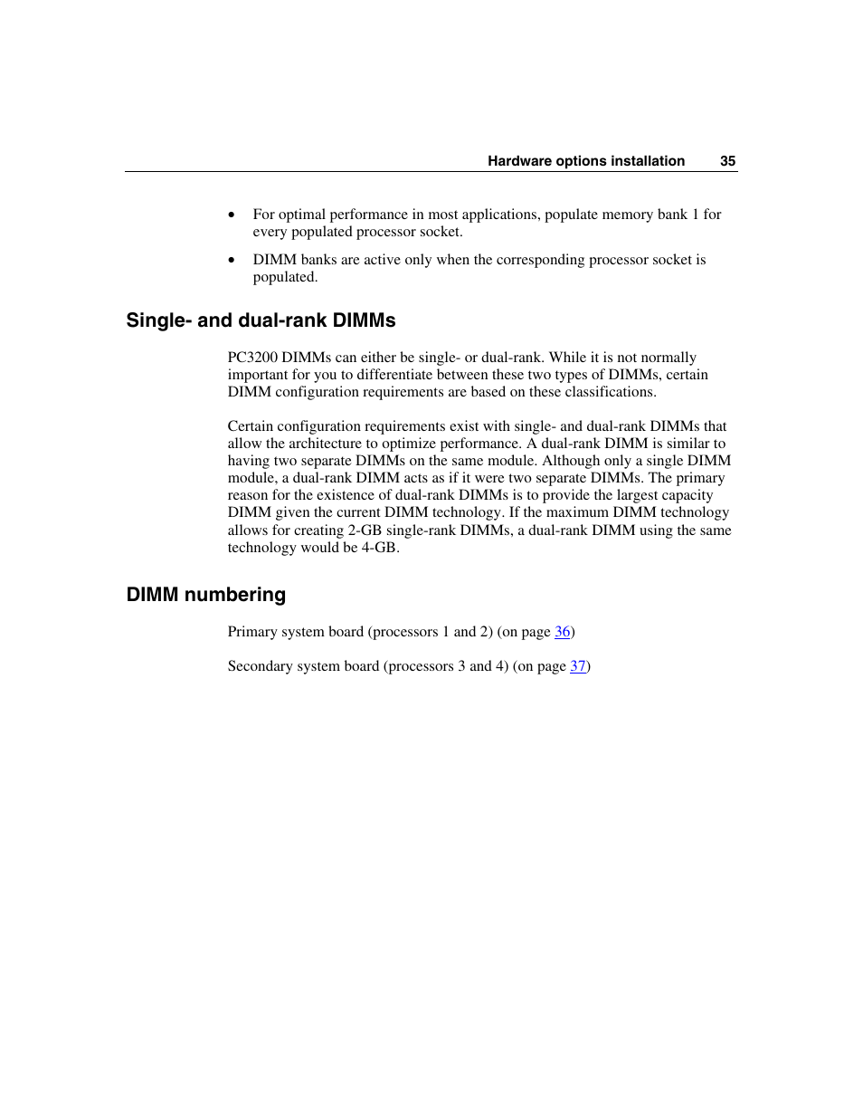 Single- and dual-rank dimms, Dimm numbering | HP ProLiant BL45p Server series User Manual | Page 35 / 128