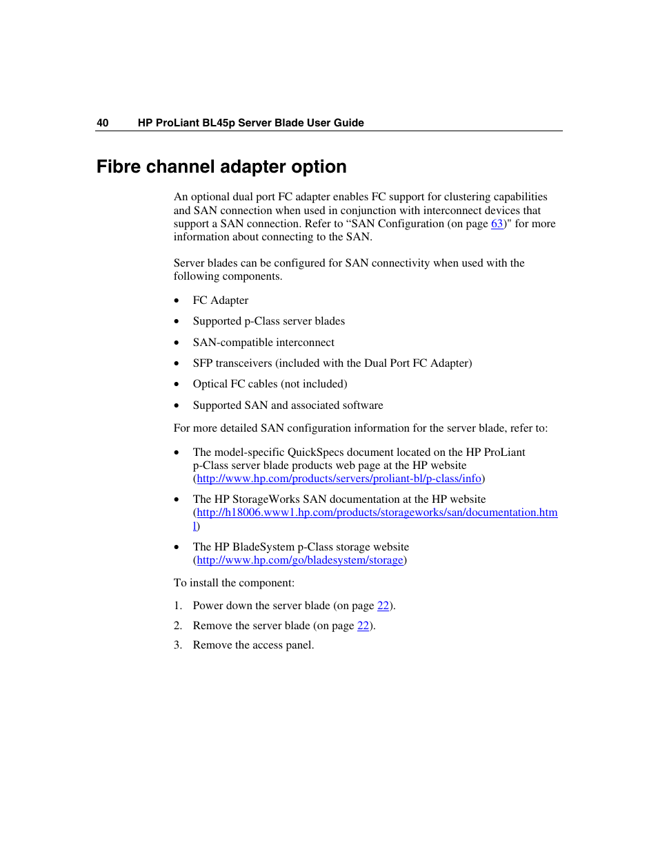 Fibre channel adapter option | HP ProLiant BL45p Server series User Manual | Page 40 / 128