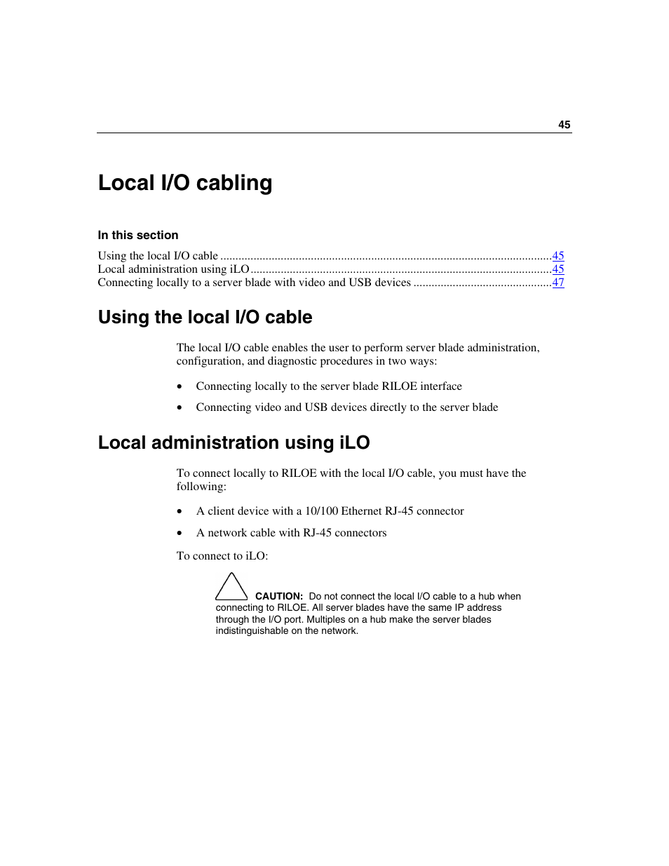 Local i/o cabling, Using the local i/o cable, Local administration using ilo | HP ProLiant BL45p Server series User Manual | Page 45 / 128