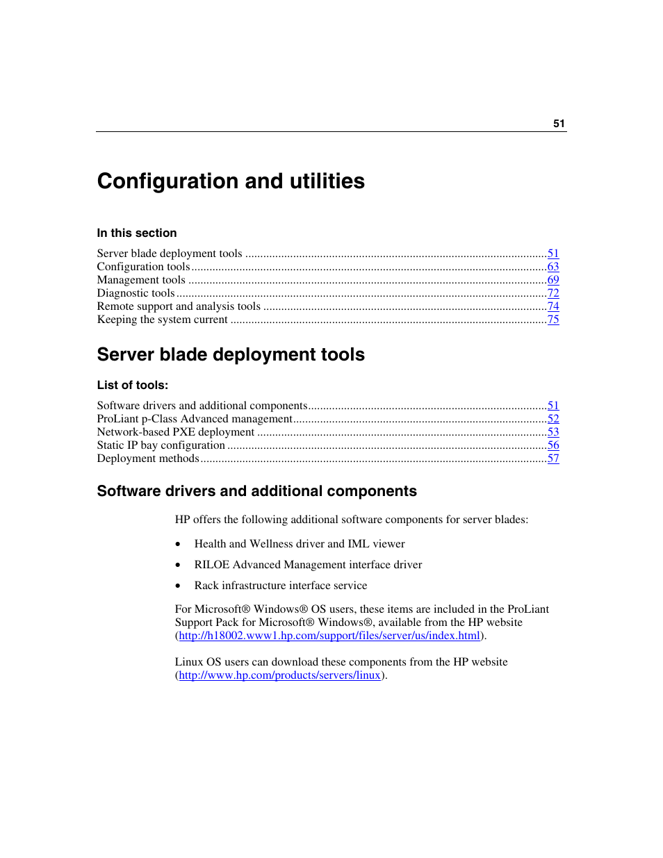 Configuration and utilities, Server blade deployment tools, Software drivers and additional components | HP ProLiant BL45p Server series User Manual | Page 51 / 128