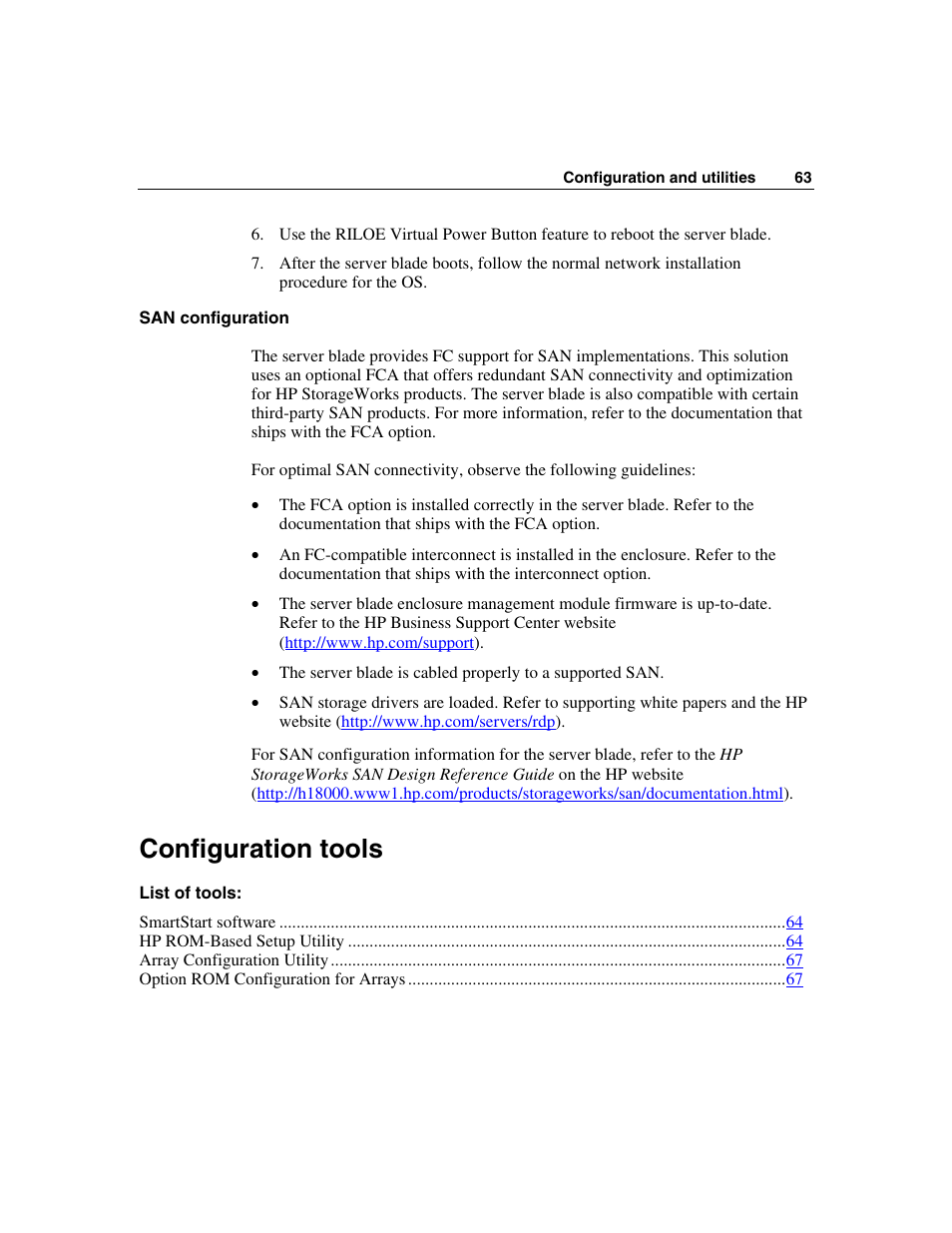 San configuration, Configuration tools, For more | HP ProLiant BL45p Server series User Manual | Page 63 / 128