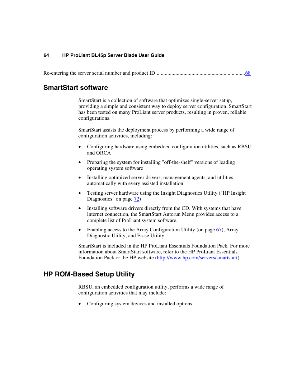 Smartstart software, Hp rom-based setup utility | HP ProLiant BL45p Server series User Manual | Page 64 / 128