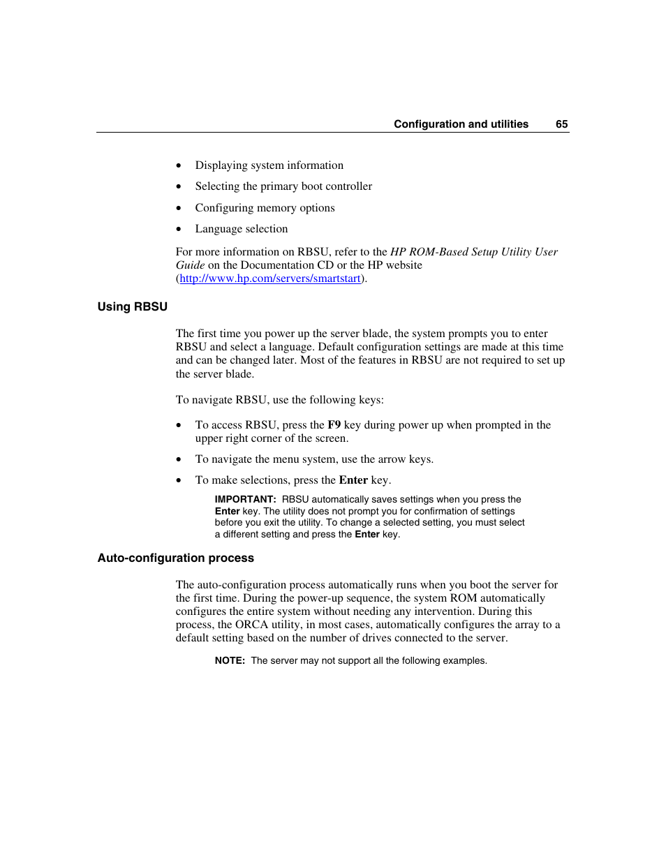 Using rbsu, Auto-configuration process | HP ProLiant BL45p Server series User Manual | Page 65 / 128