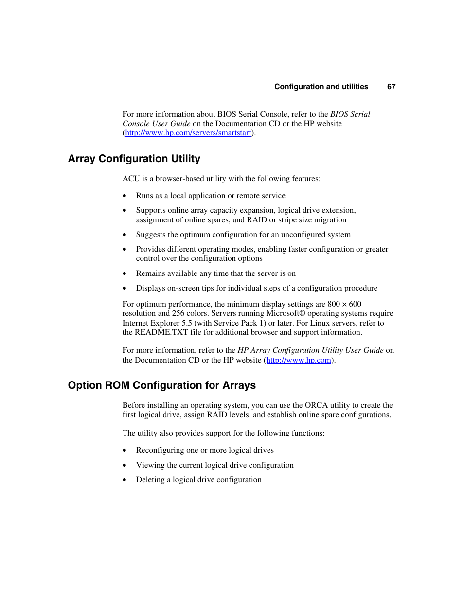 Array configuration utility, Option rom configuration for arrays, Array | HP ProLiant BL45p Server series User Manual | Page 67 / 128