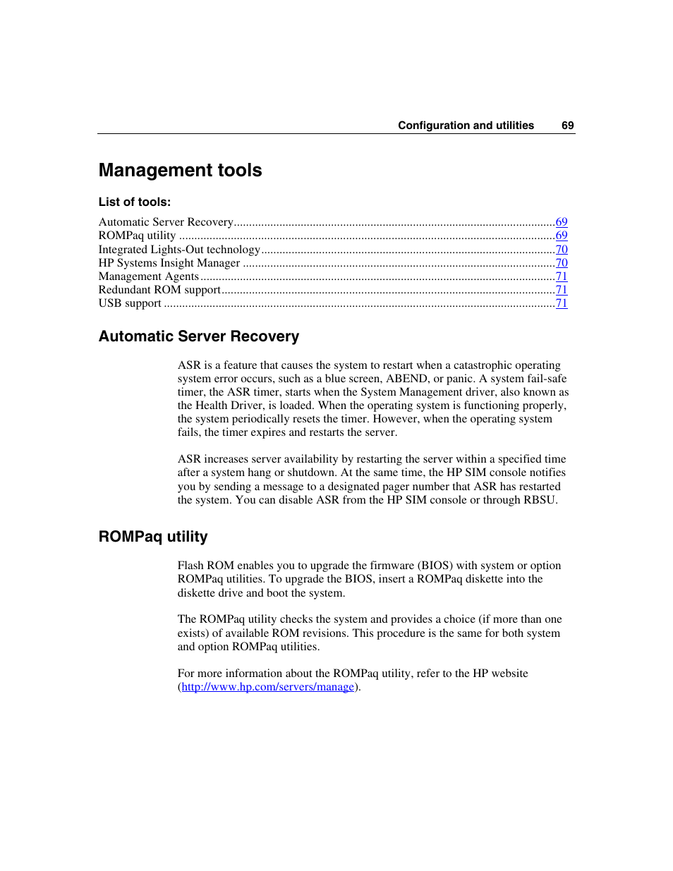 Management tools, Automatic server recovery, Rompaq utility | HP ProLiant BL45p Server series User Manual | Page 69 / 128