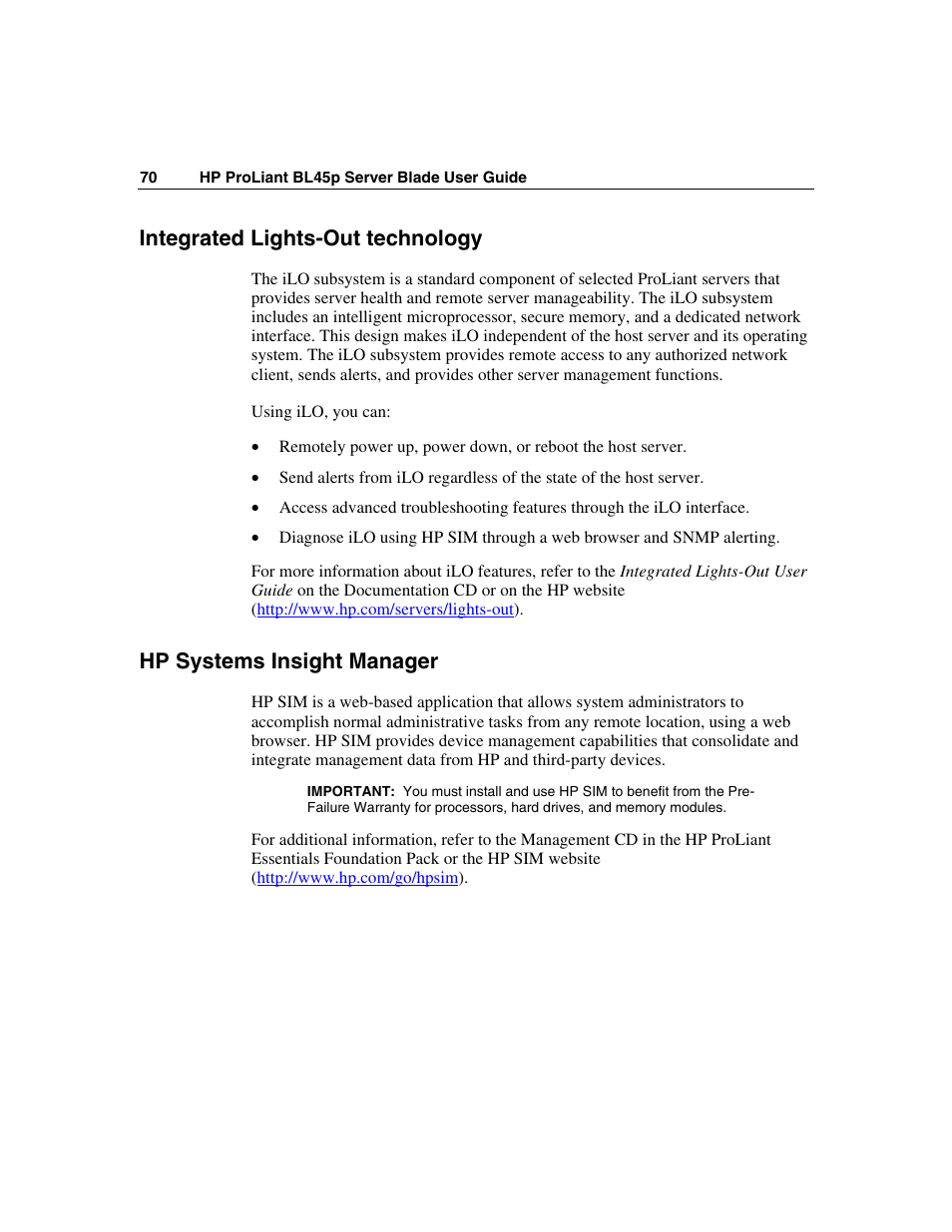 Integrated lights-out technology, Hp systems insight manager | HP ProLiant BL45p Server series User Manual | Page 70 / 128