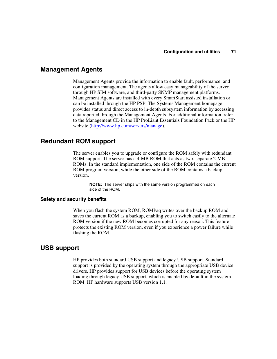 Management agents, Redundant rom support, Safety and security benefits | Usb support | HP ProLiant BL45p Server series User Manual | Page 71 / 128