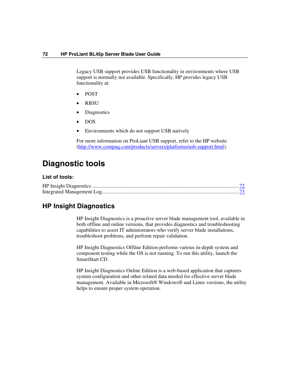 Diagnostic tools, Hp insight diagnostics | HP ProLiant BL45p Server series User Manual | Page 72 / 128