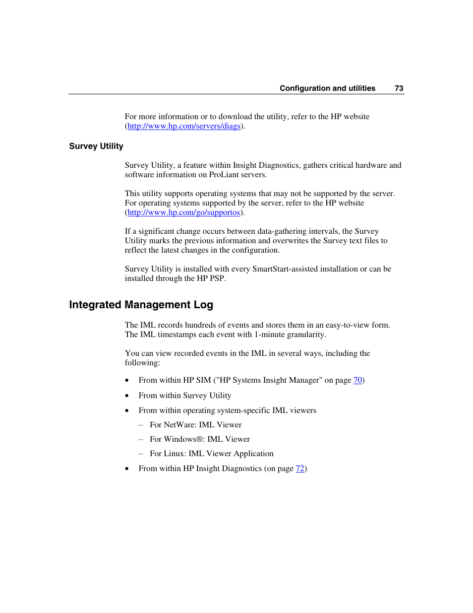 Survey utility, Integrated management log | HP ProLiant BL45p Server series User Manual | Page 73 / 128