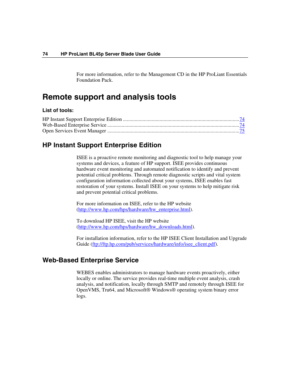 Remote support and analysis tools, Hp instant support enterprise edition, Web-based enterprise service | HP ProLiant BL45p Server series User Manual | Page 74 / 128
