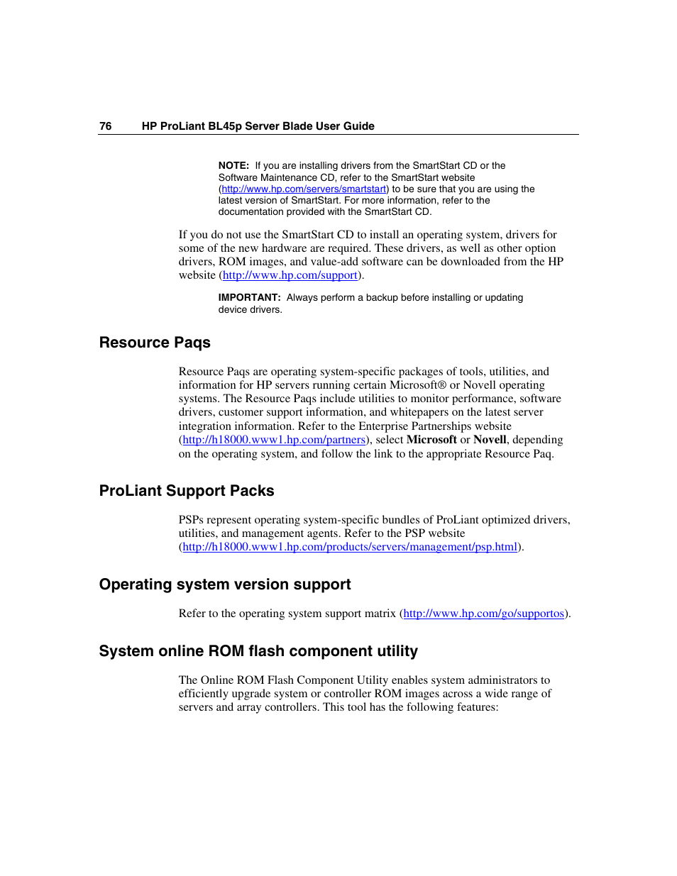 Resource paqs, Proliant support packs, Operating system version support | System online rom flash component utility | HP ProLiant BL45p Server series User Manual | Page 76 / 128