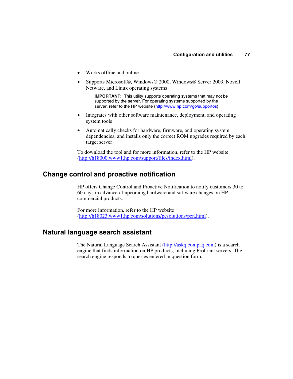 Change control and proactive notification, Natural language search assistant | HP ProLiant BL45p Server series User Manual | Page 77 / 128