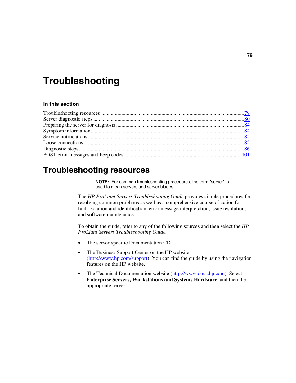 Troubleshooting, Troubleshooting resources, Troubleshooting 79 | HP ProLiant BL45p Server series User Manual | Page 79 / 128