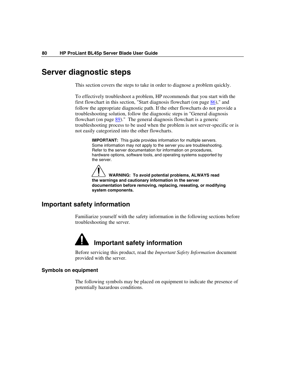 Server diagnostic steps, Important safety information, Symbols on equipment | HP ProLiant BL45p Server series User Manual | Page 80 / 128