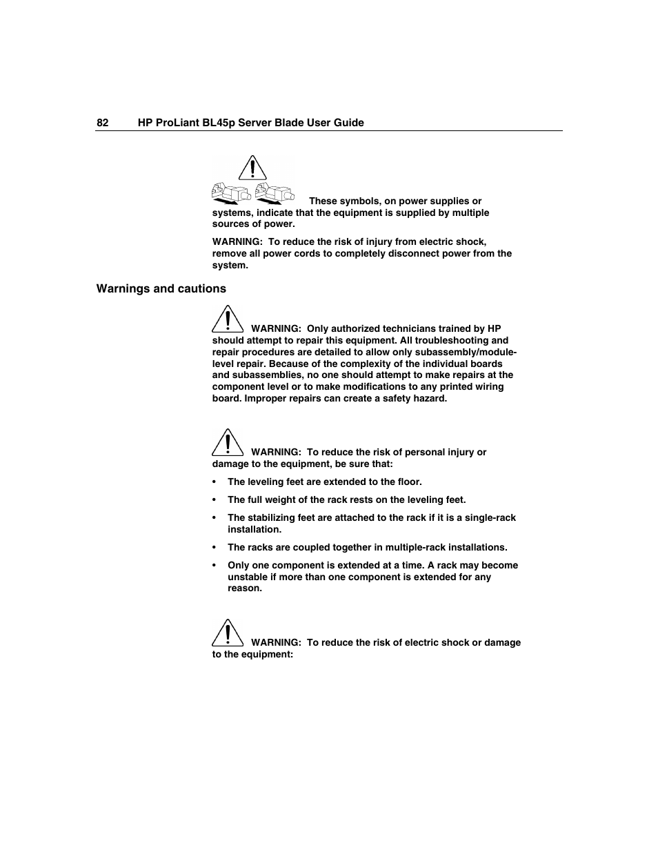 Warnings and cautions | HP ProLiant BL45p Server series User Manual | Page 82 / 128