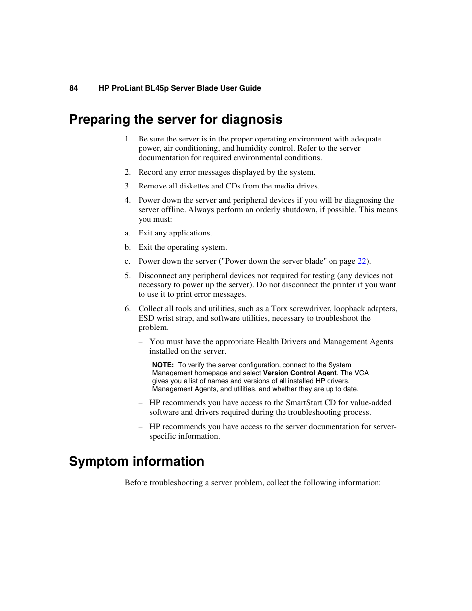 Preparing the server for diagnosis, Symptom information | HP ProLiant BL45p Server series User Manual | Page 84 / 128