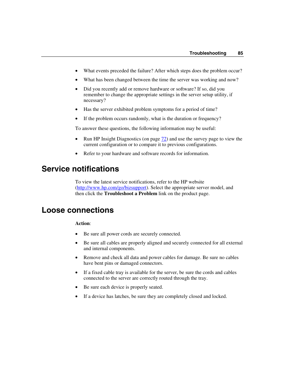 Service notifications, Loose connections | HP ProLiant BL45p Server series User Manual | Page 85 / 128