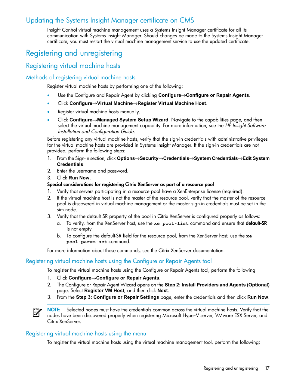 Registering and unregistering, Registering virtual machine hosts, Methods of registering virtual machine hosts | Registering virtual machine hosts using the menu | HP Insight Control Software for Linux User Manual | Page 17 / 59