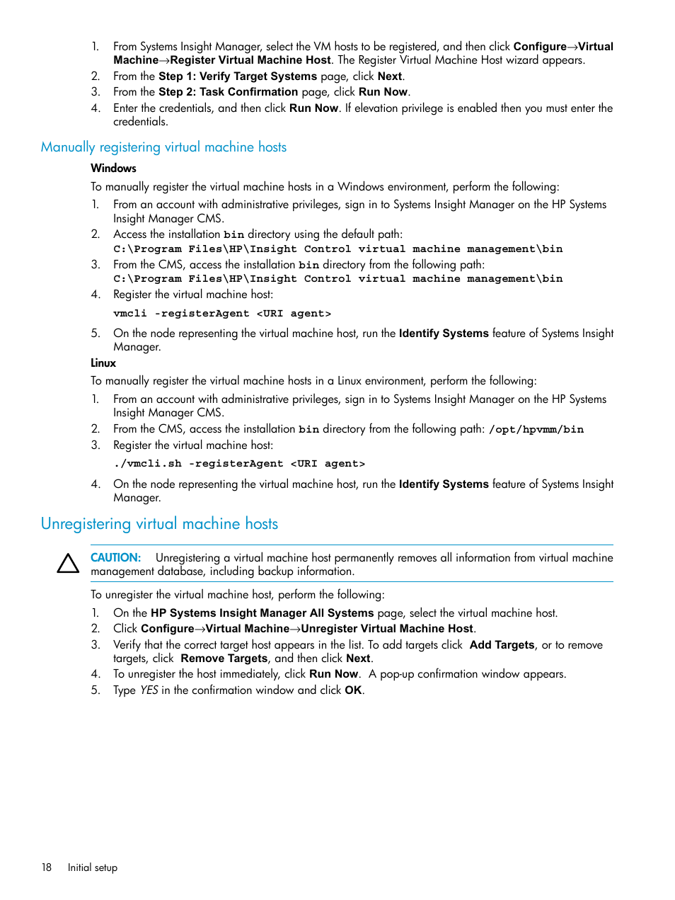 Manually registering virtual machine hosts, Unregistering virtual machine hosts | HP Insight Control Software for Linux User Manual | Page 18 / 59