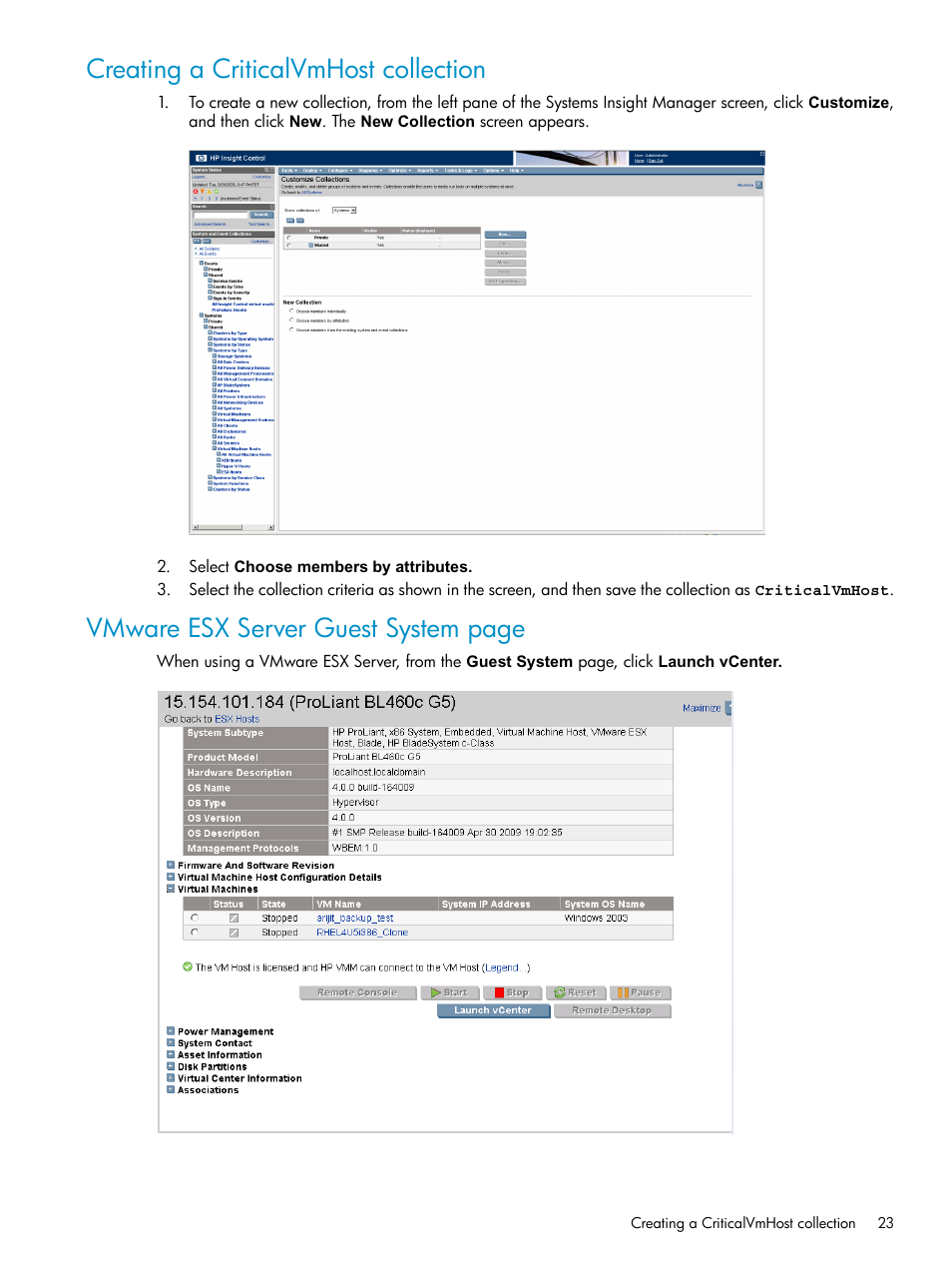 Creating a criticalvmhost collection, Vmware esx server guest system page | HP Insight Control Software for Linux User Manual | Page 23 / 59