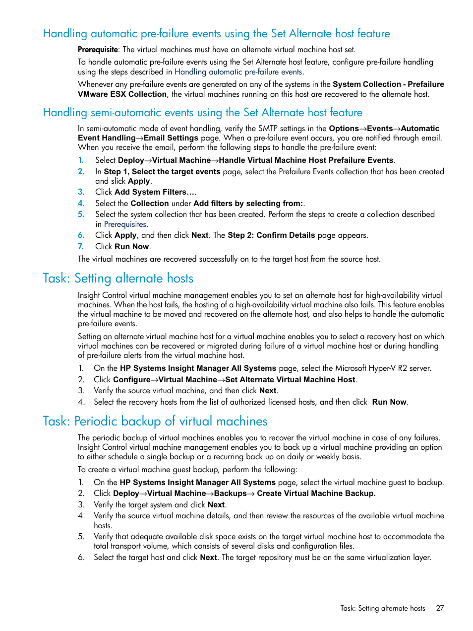 Task: setting alternate hosts, Task: periodic backup of virtual machines | HP Insight Control Software for Linux User Manual | Page 27 / 59